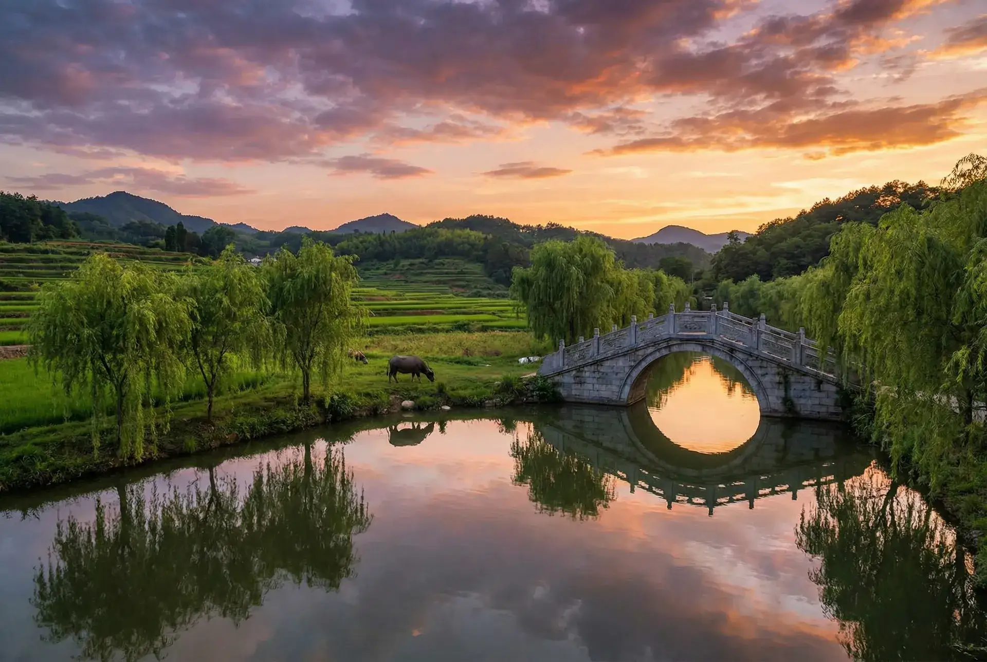 夕阳下的石拱桥与垂柳，水牛在河边吃草 - 大时代段奕宏 乡村美景